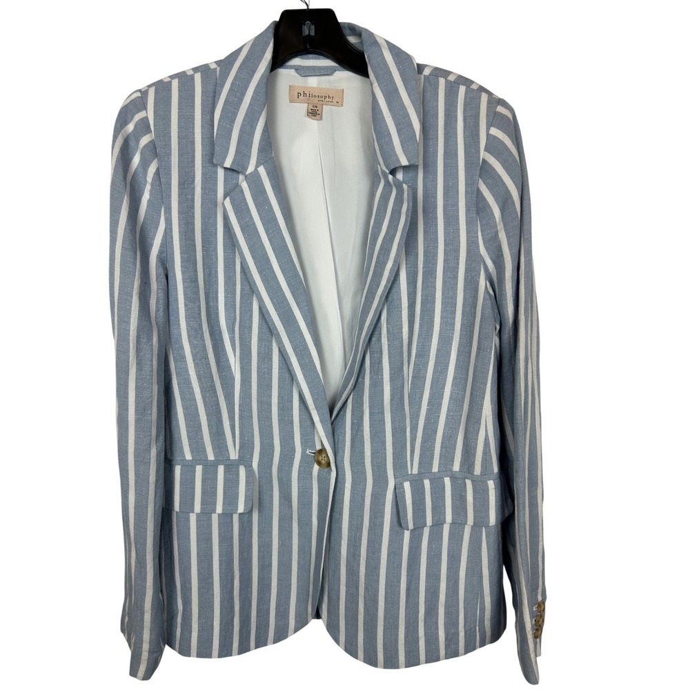 Philosophy Republic Clothing Blue White Striped Linen Blend Blazer Large Coastal